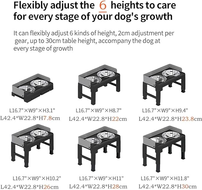 Marchul Elevated Dog Bowls for Medium Large Dogs, 6 Height Adjustable Dog Bowl Stand 3.1''/ 8.7''/ 9.4''/ 10.2''/ 11''/11.8'', with 2 Stainless Steel Bowls, Spill-Proof, No Assembly Required