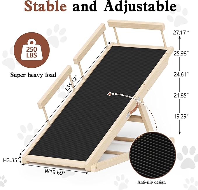 Dog Ramp for High Bed, Couch, Car, Pet Ramps 55.12" Long Adjustable 19.3"-27.17" Wooden Dog Step with Anti-slip Rubber Mat & Safety Side Rails for Small Medium Large Older Pets, up to 250 lbs