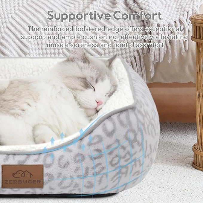 Rectangle Cat Dog Bed for Large Medium Small Pets Indoor Outdoor Machine Washable Sleeping Sofa Non-Slip Bottom Soft Puppy Bed Durable Orthopedic Calming Pet Cuddler (Medium, White Leopard)