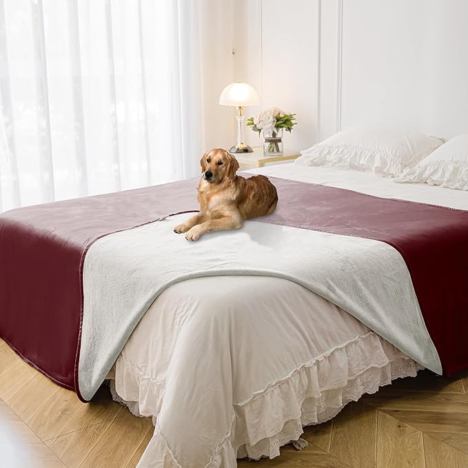 Waterproof Blanket for Bed Protection, Washable Dog Blankets for Couch, Soft Reversible Pet Throw Furniture Protector Cover for Sofa-82"x120",Burgundy Red+Cream