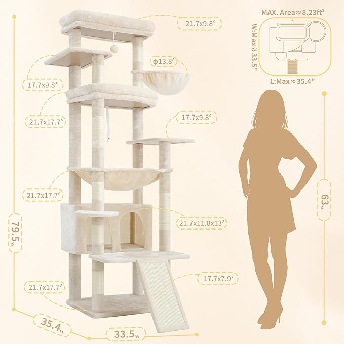 Heybly Tall Cat Tree for Large Cat, 80-inch Multi-Level Cat Tower for Indoor Cats with Large Baseboard, Condo Furniture with 2 Widened Plush Perches,Scratching Board and Big Caves, Beige HCT038M
