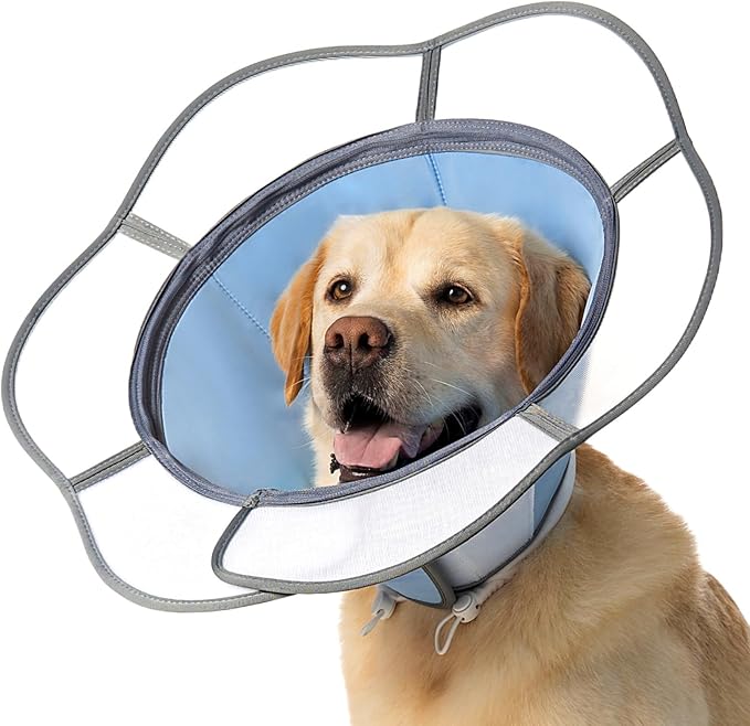 Soft Dog Cone Collar After Surgery Recovery,Adjustable E-Collar with Removable Shield,Lightweight,Breathable Anti-Licking Protective Cone for Large,Medium,Small Pets (Blue, L (Neck:15''-18''))