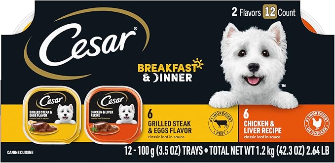 Cesar Wet Dog Food Classic Loaf in Sauce Breakfast and Dinner Mealtime Variety Pack, 3.5 oz. Easy Peel Trays (12 Count, Pack of 1)