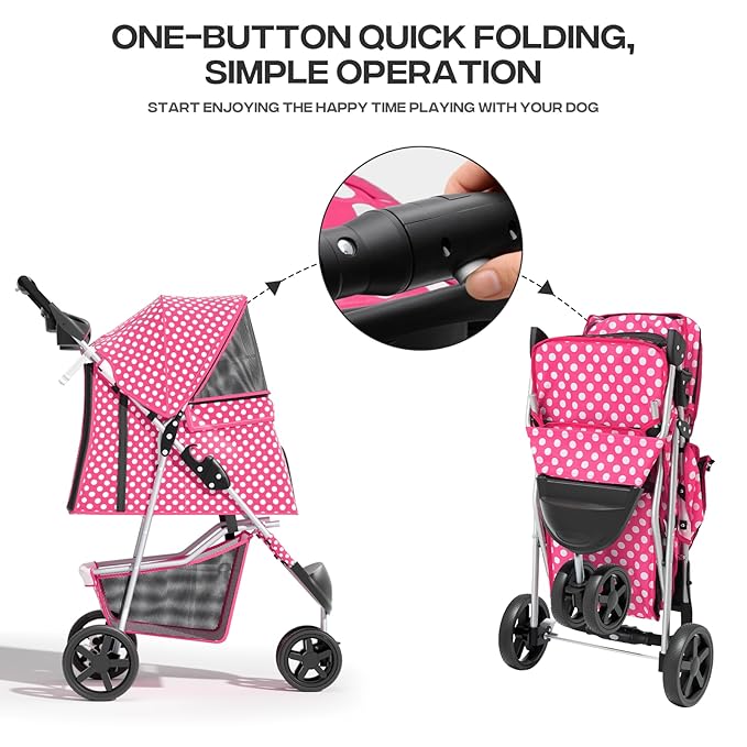 Cat Dog Stroller,3-Wheels Pet for Medium/Puppy Dogs 30 Lbs, Cat Strollers for 1 Cats, Foldable Dog Stroller with Storage Basket and Cup Holder, Breathable Mesh Pink Polka Dots