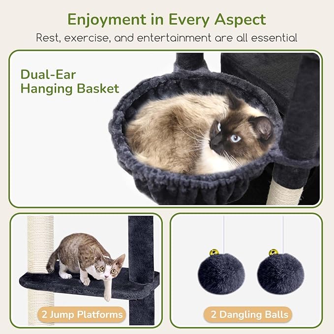 Globlazer Extra Large Cat Tree Tower for Indoor Cats Large Adult, 80in Heavy Duty Cat Tree with 3 Spacious Cat Condos, Oversized Fan-shaped Perch, 6 Full Wrapped Sisal Scratching Posts, S80, Dark Grey