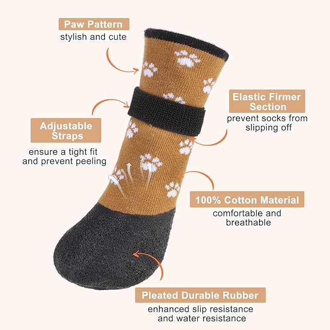 BEAUTYZOO Dog Boots for Small Dogs, Dog Boots & Paw Protectors for Winter Snowy Day Summer Hot Pavement, Waterproof Dog Booties for Hardwood Floors, 6 PCS Grip Socks Shoes for Dogs, Khaki SM