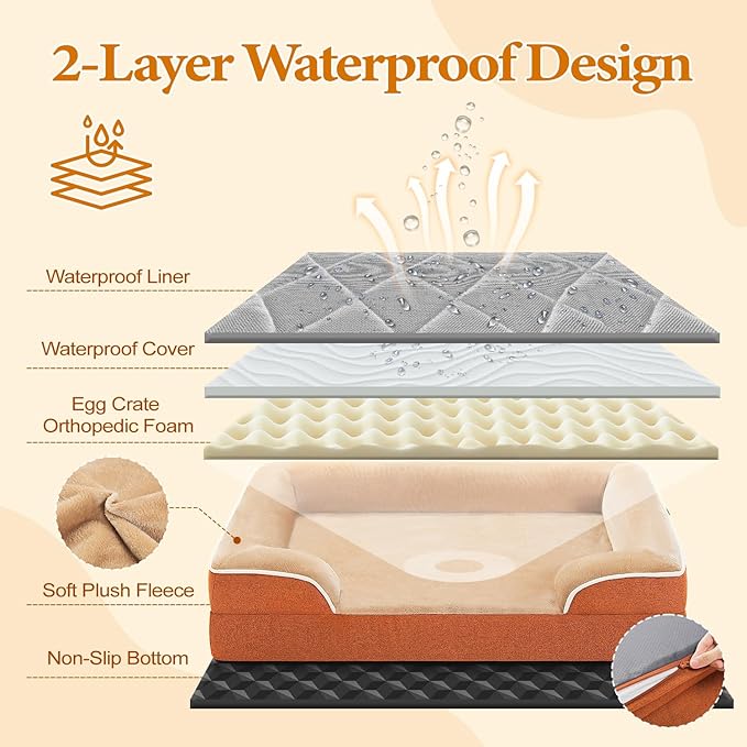 PAWZ Road Orthopedic Dog Bed Medium with Memory Foam,2-Layer Waterproof Cover and Non-Slip Bottom for Small, Medium and Large Dogs-Brown Large