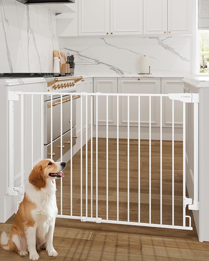 Cumbor 34" Extra Tall Baby Gate for Stairs, Wall-Mounted (Drill Required), Expandable 31.6-48" No Bottom Bar Dog Gate Indoor for Larger Pets, Large Walk Thru Door for Easy Access (White)