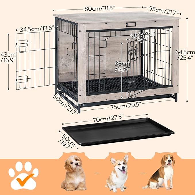 HOOBRO Dog Crate Furniture, 32.5" Medium Dog Kennel Indoor, Wooden Cage with Pull-Out Tray, Double Doors Pet House Side End Table for Medium/Small Dogs, Greige BG802GW03