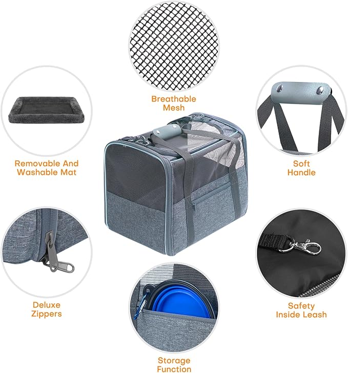 JUNGYOUN Premium Cat Carrier - Pet Carrier for Cat & Small Dogs up to 15lbs - Airline Approved Travel Dog Carrier with Anti-Escape Zippers, Collapsible Travel Bowl & Padded Strap,Charcoal