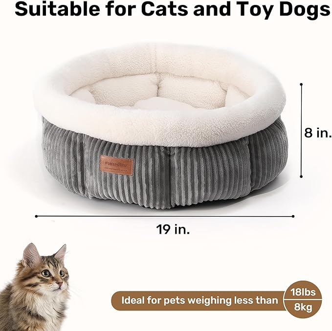 FUKUMARU Cat Bed, Corduroy Round Cat Beds for Indoor Cats, Washable Fluffy Pet Bed for Cats and Puppy, Soft Cute Small Dog Beds, Grey