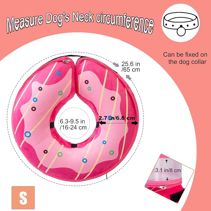 Inflatable Dog Cone Collar for Large Medium Small Dogs, Soft Dog Donut Collar Adjustable Recovery Cone for Pets After Surgery, Extra Enhanced Anti-Licking Guard Shield (Pink Donut, Small)