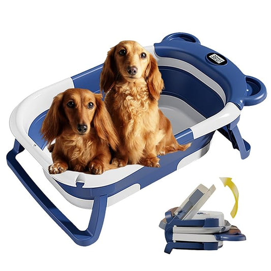 Collapsible Dog Bathtub with thermometer, suitable for dogs and cats - Portable and foldable dog bathtub with drain plug - Space-saving dog bathing basin and multi-purpose laundry/storage basket(Blue)