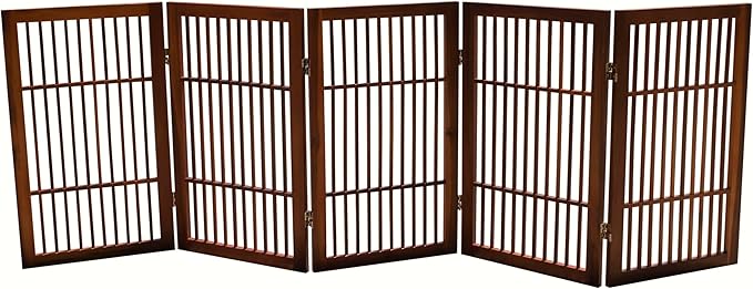 Pet Dog Gate Strong and Durable Freestanding Folding Acacia Hardwood Portable Wooden Fence Indoors or Outdoors by Urnporium (Brown Pet Gate, 5 Panel 30" Tall)