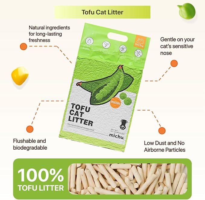 Michu Tofu Cat Litter Natural Clumping Tofu Cat Litter, Fast Clumping and Easily Scoop-able 5.5lb/88oz 5 Scents - Watermelon, 6 Pack