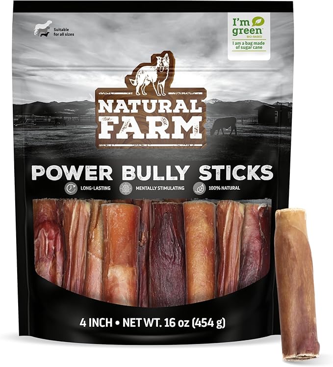 Natural Farm Power Bully Sticks Dog Chews (4”,16 Ounces), 2-in-1 Power Chews: Premium Beef Cheek Wrapped in Beef Pizzle, Double Chewing Time, Promotes Dental Health, Great for Small to Medium Dogs