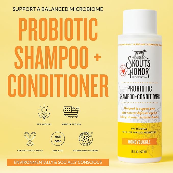 Skout's Honor Probiotic Dog Shampoo & Conditioner with Avocado Oil & Omega-3s, 97% Natural, Paraben & Sulfate-Free, Cruelty-Free, 16oz, Honeysuckle 2-Pack