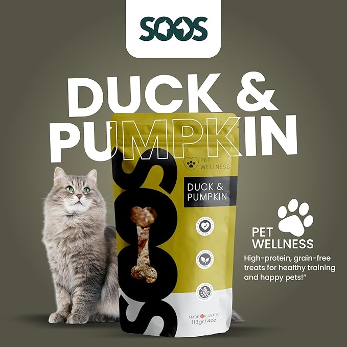 SOOS Natural Duck and Pumpkin Treats for Dogs & Cats - High Protein, Grain Free, Vitamin Minerals, Healthy Training Treats - 113g