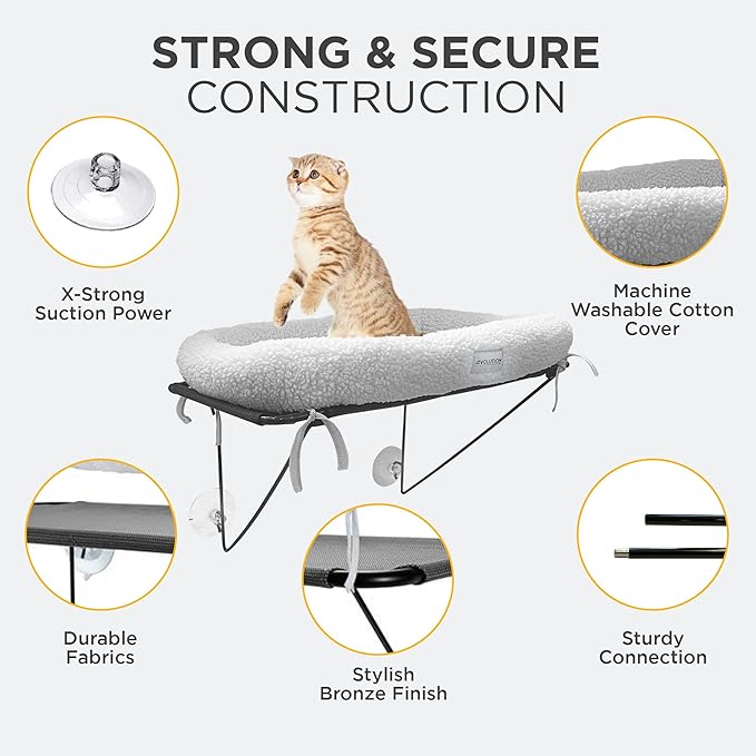 EvolutionUSA Cat Window Perch, Durable Feline Window Bed, Comfy Perch for 360 Views, Durable Elevated Cat Bed Lounger, Ideal Cat Window Hammock for Large Cats, Heavy Duty Window Bed, 24.4x12.6 in