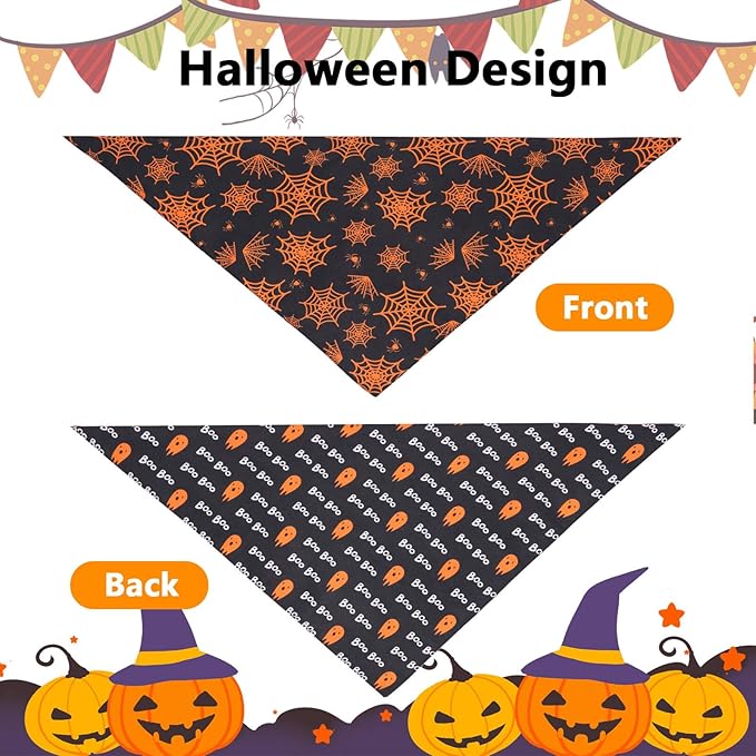 Halloween Dog Bandanas Small 2PCS, Reversible Triangle Dog Scarfs with Pumpkin, Spide, Bat, Ghost, Fall Puppy Bandanas Bib Handkerchief for Boy and Girl, Holiday Bandanas