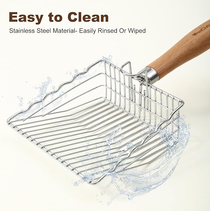 Premium Cat Litter Scoop with Ergonomic Beech Wood Handle - Stainless Steel Sifter with Hook & Hole for Easy Cleaning, Durable & Odor-Free (Steel Wire Long)
