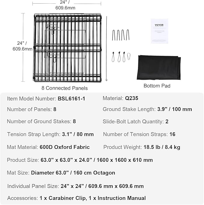 VEVOR Foldable Metal Dog Exercise Pen, Pet Playpen Dog Fence for Camping with Bottom Pad, 24" H 8 Panels, Puppy Crate Kennel Indoor Outdoor for Small & Medium Dogs, Both for Home & Yard Use
