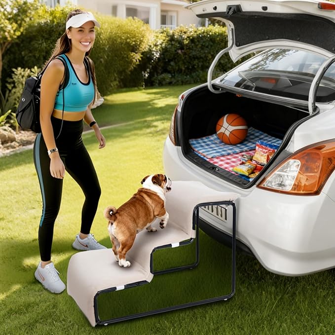 Dog Stairs with Beside Pet Bed Set for Window Bed Sofa Sturdy Metal Frame with Soft Cushion 3 Stairs Dog Steps and Window Perch for Small Pets (with Pet Bed)