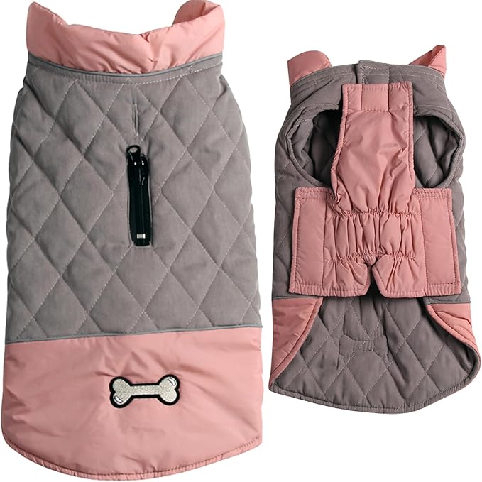 Reversible Dog Coats for Small Dogs Waterproof Warm Puppy Jacket for Cold Winter,Pink and Grey S