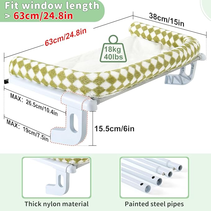 Sunhoo Cat Window Perch Hammock Sturdy Windowsill Bed Seat for Large Cats No Drilling No Suction Adjustable Kitty Shelf with Washable Cover Easy Assembly Holds up to 40 lbs 24.8 * 15 in (Green, L)