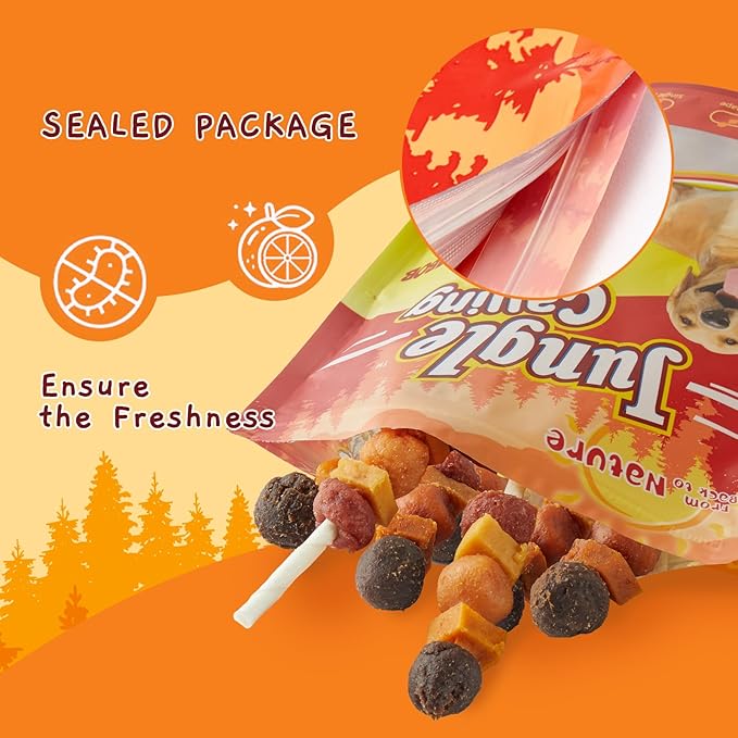 Jungle Calling Dog Treats, Multi-Flavor Kabob Dog Snacks, Edible Dog Kabobs, Made with Chicken, Duck, Beef, Sweet Potato and Pumpkin, Rawhide Sticks for Dogs
