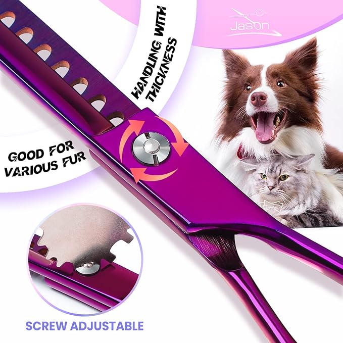 JASON Dog Grooming Scissors Kit, Professional 6 in 1 Dog Scissors Sharp Shears Set - Straight, Thinning, Chunker, Curved Shears and Comb for Long Short Hair for Dog Cat Pet