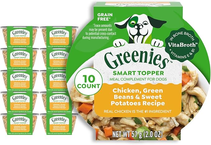 Greenies Smart Topper High Protein Wet Mix-in for Dogs, Chicken, Green Beans & Sweet Potatoes Recipe in Vitabroth Broth - Bone Broth + Vitamins E & B1, 10 Count