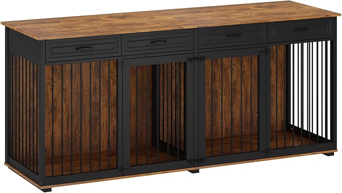 Extra Large Dog Crate,86.6" Heavy Duty Wooden Dog Cage Furniture Dog Crate Kennel with Drawers & Removable Divider,Indoor Luxury Dog House w/Double Rooms for XL L Dogs,Rustic Brown