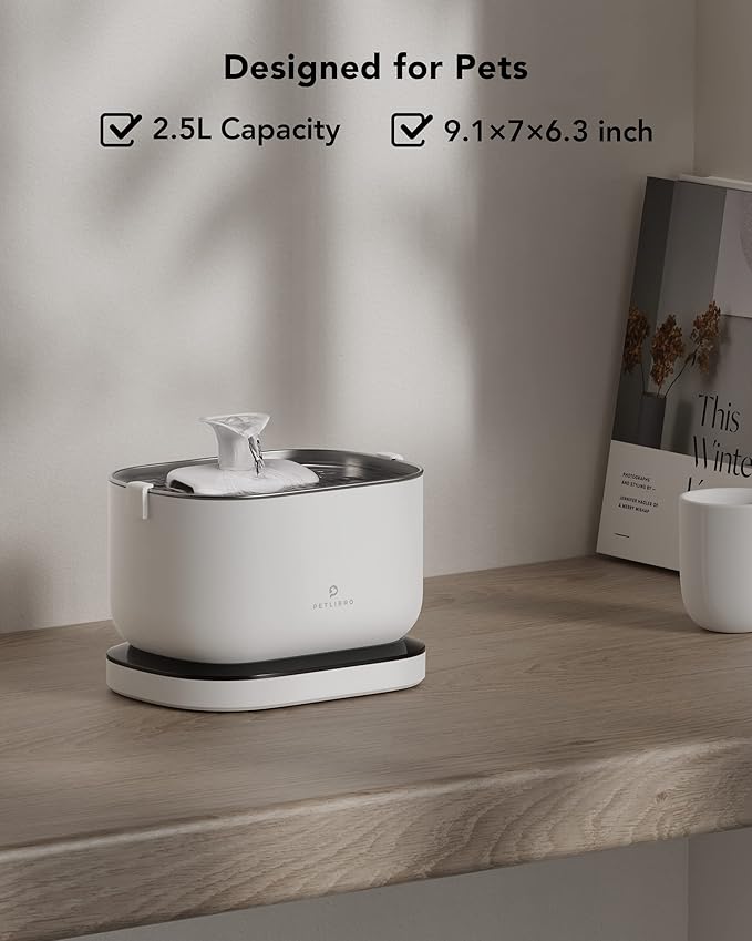 Bundle of PETLIBRO Cat Water Fountain + 8 Packs Genuine Replacement Filters 4 Months Set, Cordless Pet Water Fountain Battery Operated, Cat Fountain with Stainless Steel Tray, Easy to Clean BPA-Free