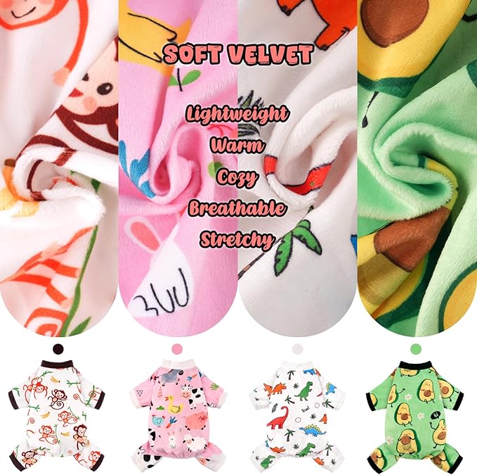 4 Pack Dog Pajamas Soft Lightweight Dog Recovery Suit Onesie Clothes for Small Medium Female Boys Girls Dogs Cats (S (Back: 10",Chest: 14", Neck: 9.5"), Dinosaur,Farm,Monkey,Avocado)