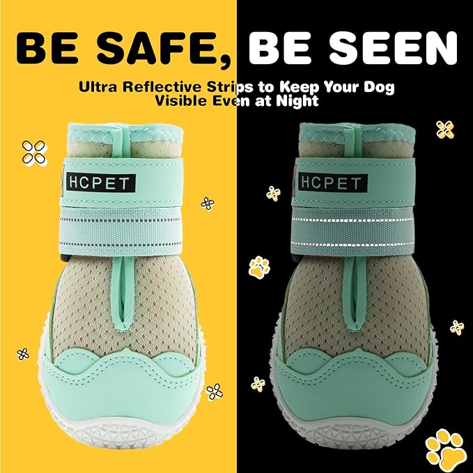 Hcpet Dog Shoes for Large Dogs, Breathable Dog Booties for Small Medium Dogs, Anti-Slip Dog Boots & Paw Protectors for Hot Pavement Winter Snow Hiking with Reflective Straps Green Size 4