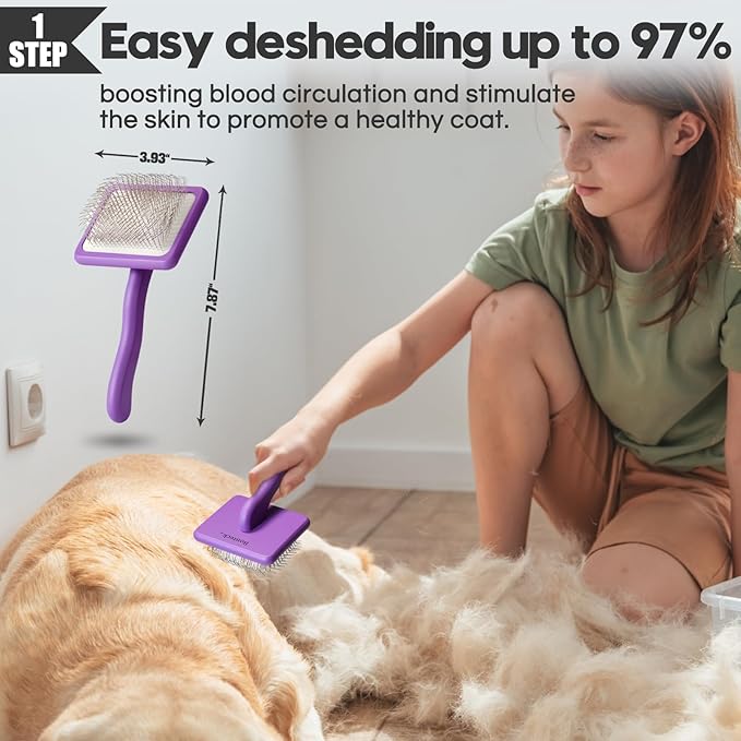 Dog Slicker Brush for Dogs Grooming Kit 4PCS | Large Dog Brush for Goldendoodles Poodles Doodles | Long Pin Haired Brush | Poodle Brushes and Comb (Purple)