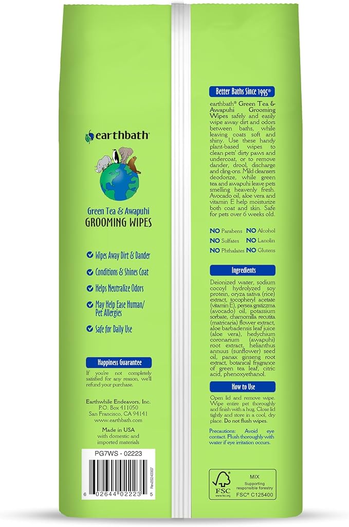 earthbath, Green Tea & Awapuhi Grooming Wipes - Dog Wipes for Paws and Butt, Best Pet Wipes for Dogs & Cats, Made in USA, Cruelty-Free Dog Cleaning Wipes, Removes Dirt & Dander - 100 Count (1 Pack)