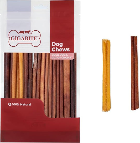 GigaBite Single Ingredient All Natural Free Range Bully Treats and Chews - Bully Sticks/Bladder Sticks/Beef Esophagus by Best Pet Supplies - Bully Sticks (Regular 6"), Pack of 10