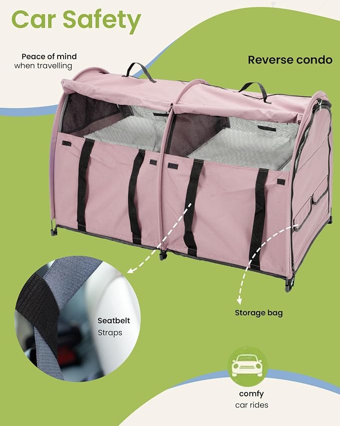 Portable Twin Compartment Show House Cat Cage Condo,Comfy Puppy Home Dog Travel Crate with Carry Bag/2 Hammocks/Mats & Collapsible Litter Box and Water Bottle