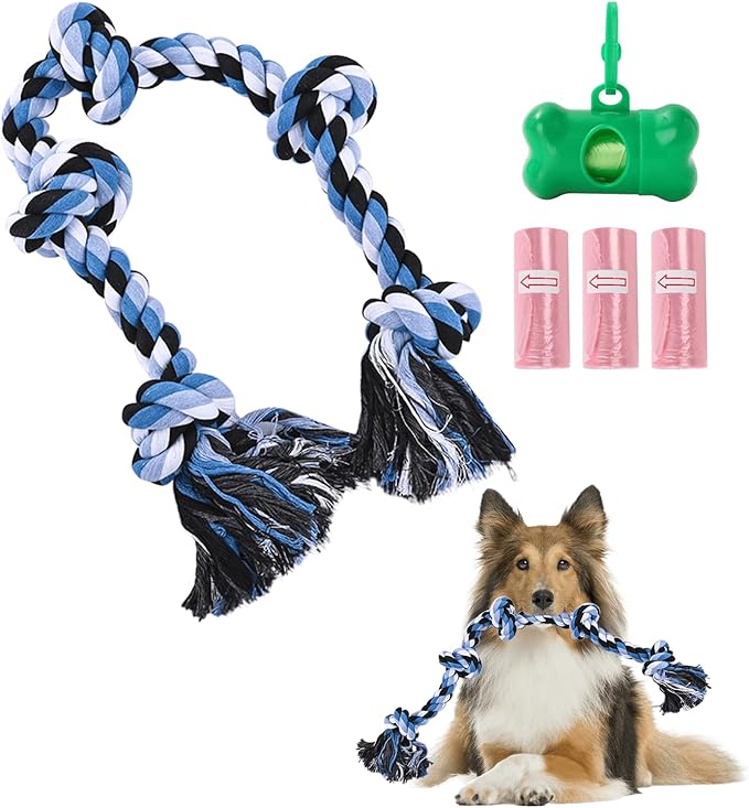 Dog Rope Toy 37.4 in, 6 Knots Dog Tug of War Toys for Aggressive Chewers, Indestructible Rope Toys for Medium Large Dogs, Blue-White