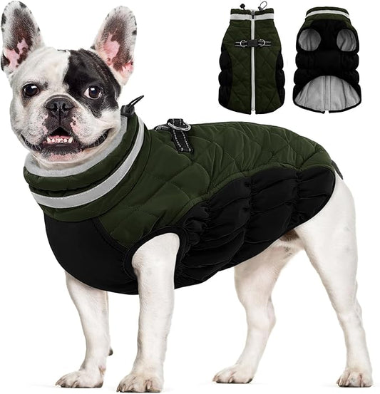 AOFITEE Dog Coat, Warm Dog Jackets for Small Dogs, Dogs Winter Coat with Harness Built in, Reflective Pet Winter Jacket, Waterproof Windproof Puppy Puffer Jacket Fleece Vest, Green XS