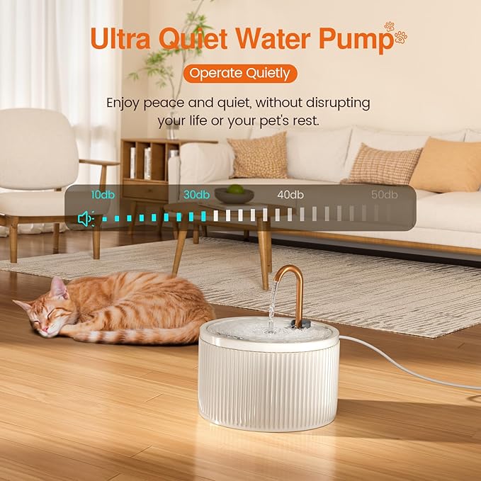 Ceramic Cat Water Fountain - 2.1L/71oz - All-Ceramic Body & Pure Copper Water Spout - Non-Toxic - Automatic Pet Drinking Fountain Indoor with Ultra-Quiet Pump, and 3Pcs Filter & Sponge (Beige)