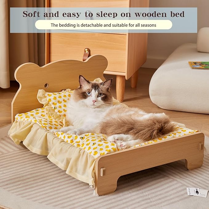 Wooden Elevated Cat Bed for Indoor Cats Easy to Assemble with Removable Mattress Pet Bed for Small Animals Small Dog Rabbits Guinea Pigs Hamsters Chinchillas etc