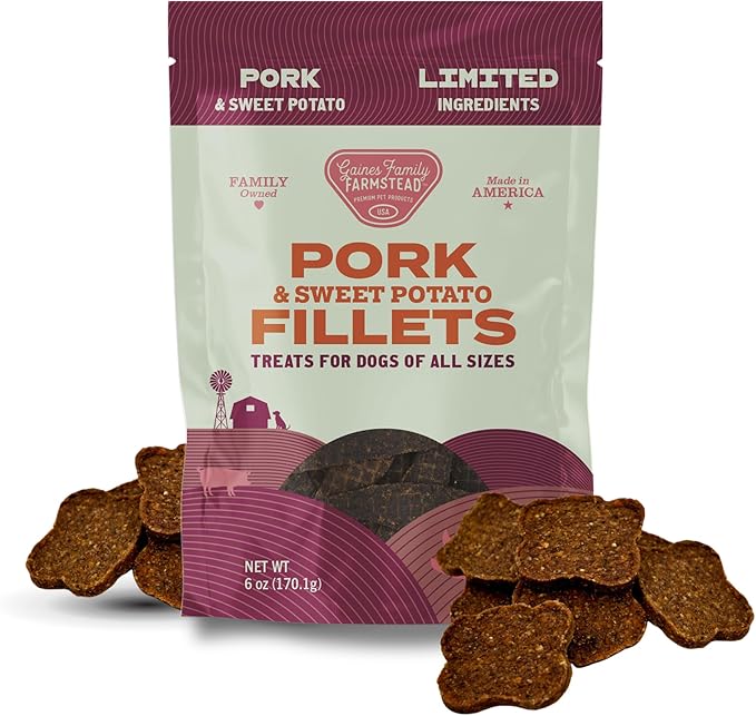 Gaines Family Farmstead Sweet Potato & Pork Dog Treats – 6 oz Pouch, Tastes Like Bacon! Chewy, Natural, Grain-Free, Limited Ingredient, Healthy Chews and Training Treats for Dogs, Made in USA