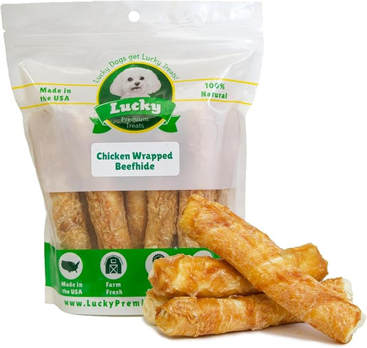 Chicken Wrapped Rawhide Dog Treats for Medium Dogs – 10ct. Rawhide Chew Sticks – Limited Ingredient Long Lasting Chews Made in The USA with Natural Chicken and Beef Hide Twists