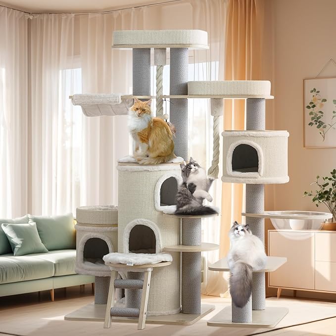 69'' Modern Cat Tree,Multi-Level Wood Large Cat Tower with Condo,Hammocks,Tall Cat Tree with Sisal Posts,Ladder,Removable Mats,Luxury Heavy Duty Tree Tower for Indoor Large Cats