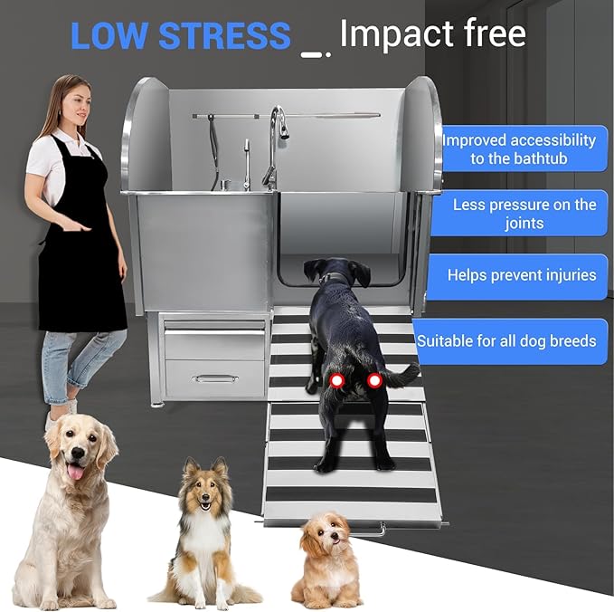 Professional Dog Grooming Tub, 50" Stainless Steel Dog Wash Station with Foldable Ramp, Storage Drawer, Floor Grate & Faucet/Dog Bathtub for Large, Medium & Small Pets - Right Door (50")