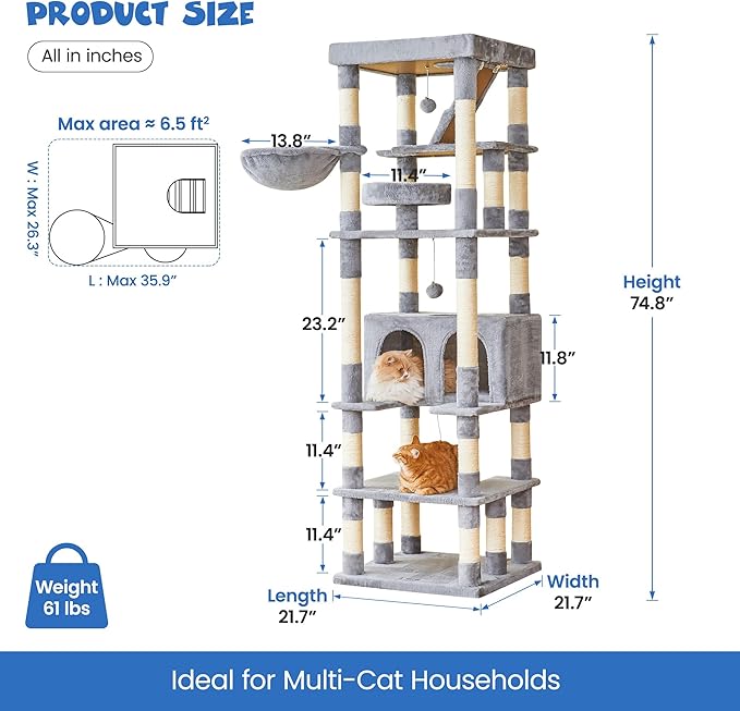 MWPO 74.8 inches Large Cat Tree with Sisal-Covered Scratching Posts & Condo, Tall Cat Tower Entertainment Playground Furniture for Cats & Kittens - Multiple Colors-Light Gray