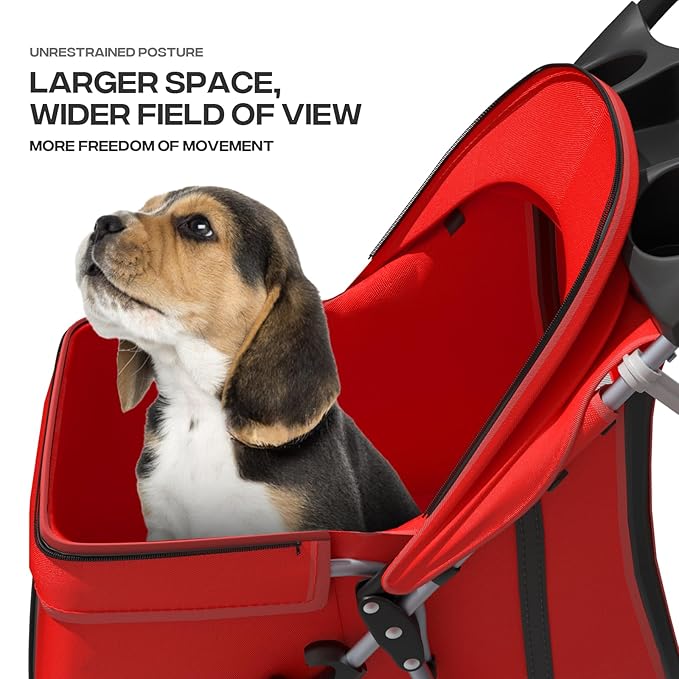 Cat Dog Stroller - 3-Wheels for Medium/Puppy Dogs 30 Lbs, Cats - Foldable with Storage Basket and Cup Holder, Breathable Mesh Red